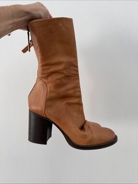 Free People Tan Leather Mid-Calf Block Heel Boots